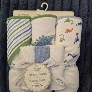 6 PC Modern Baby Hooded Towels and Washcloths Set - Green and Blue